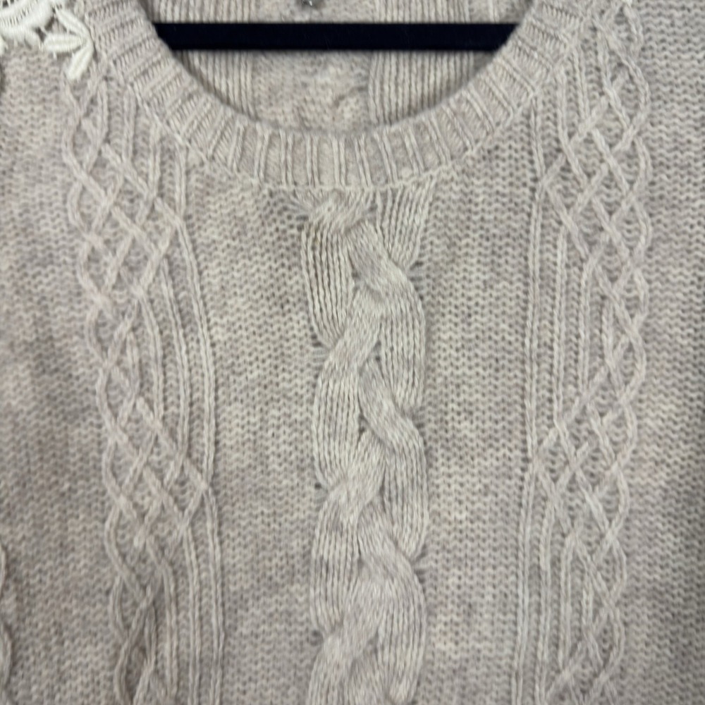 Anthropologie Knitted & Knotted Wool Cable Knit Lace Sweater Medium Beige Cream - Picture 3 of 9